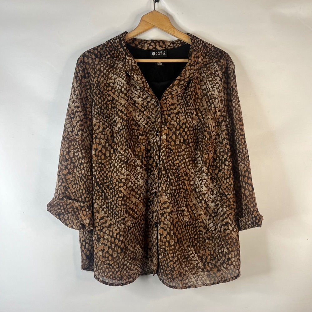 Maggie Barnes Blouse Women 22W Brown Animal Print Metallic Button Up Lined Top